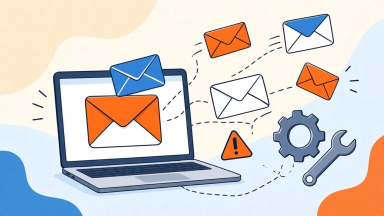 Laptop mit E-Mail-Symbolen und Warnhinweis