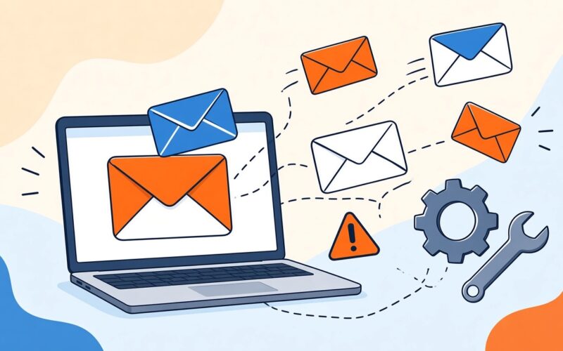 Laptop mit E-Mail-Symbolen und Warnhinweis