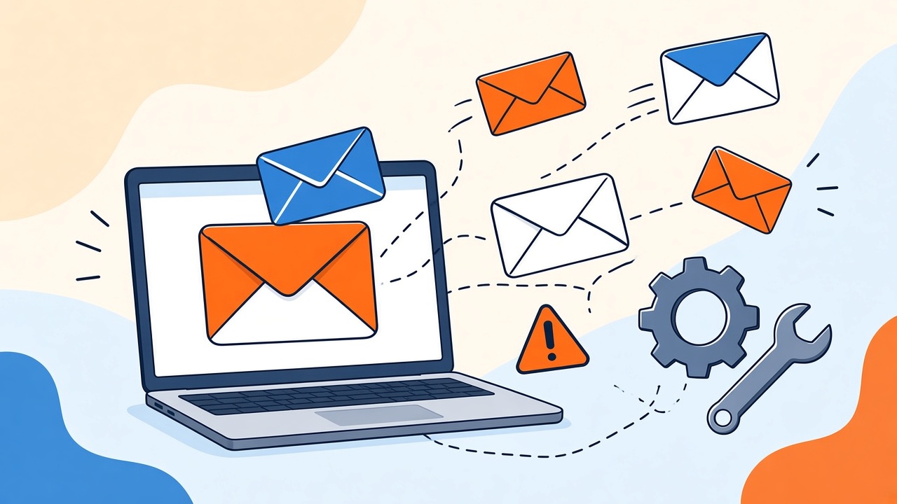 Laptop mit E-Mail-Symbolen und Warnhinweis